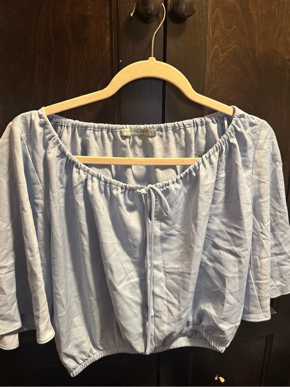 Good Luck Gem Light Blue Peasant crop Top with Tie Front